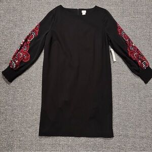 🆕 Chico's Black Dress with Red Embroidered Sleeves